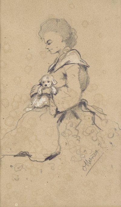 Mujer sosteniendo un perro pequeño, 1857 de Claude Monet